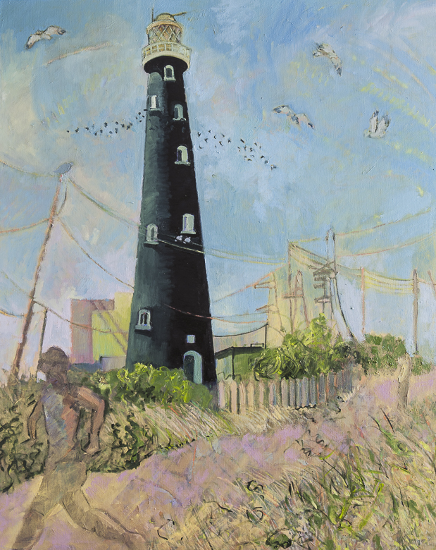Dungeness lighthouse with running figure 120x150cm